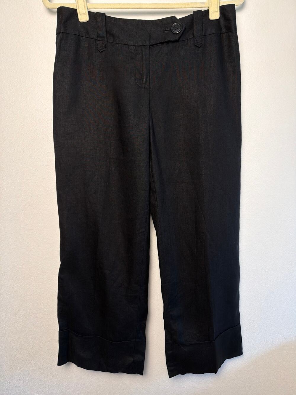 Ann Taylor LOFT Black 100% Linen Wide Leg Cropped Trousers Cuffed Hem | Size 4